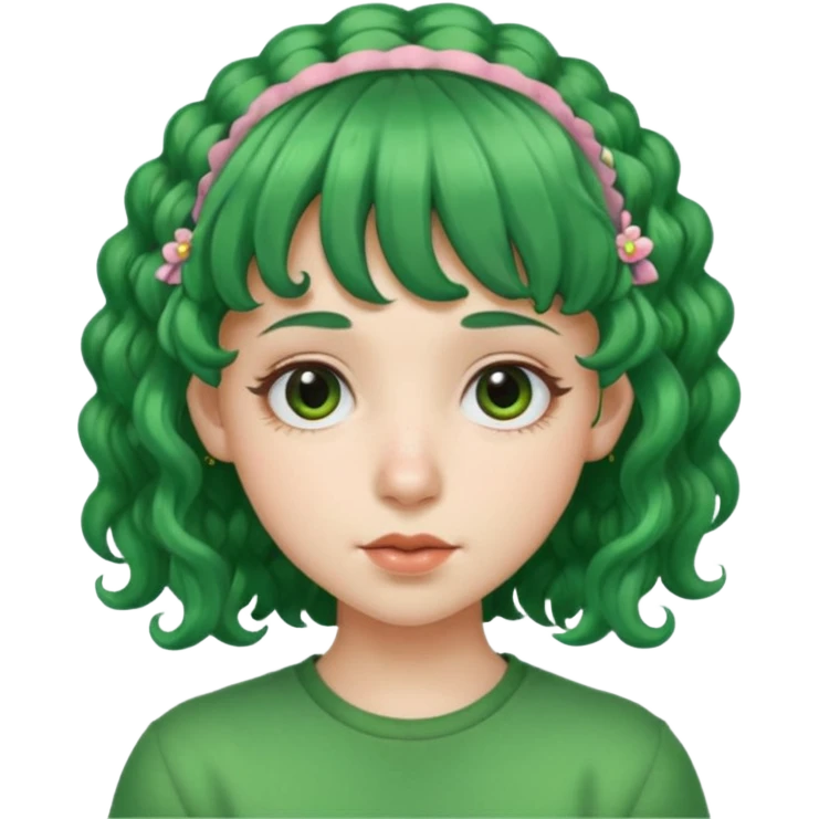 green curly  haired with hair bangs big head accessory big nose mid size ear young emoji