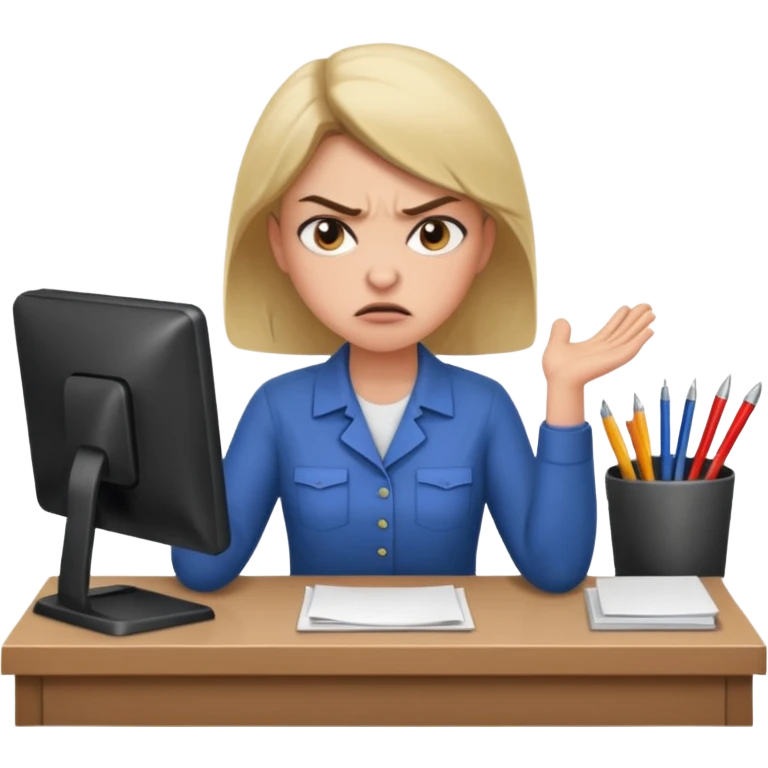 Annoyed/angry worker (female) working at a desk emoji
