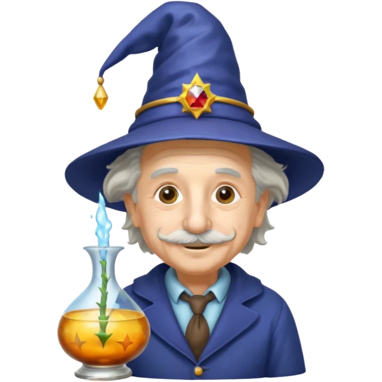 Albert Einstein, wearing wizard hat custome, with glas vase emoji
