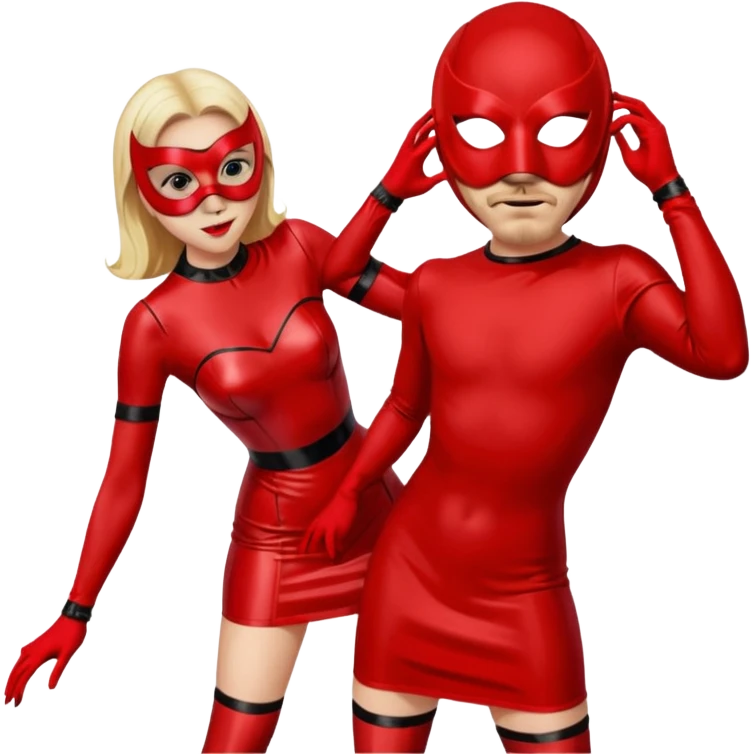 Woman in short red latex dress bent over in front of masked man emoji