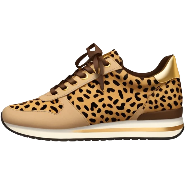 Realistic, isolated, side view, womens trendy cheetah print sneaker, with gold detailed elements emoji