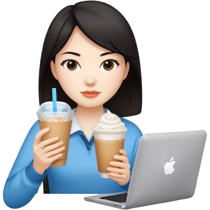 컴퓨터 작업 중 + 아이스 아메리카노(테이크아웃 잔)링거 + 다크서클 + 검은머리 동양인 여성 emoji