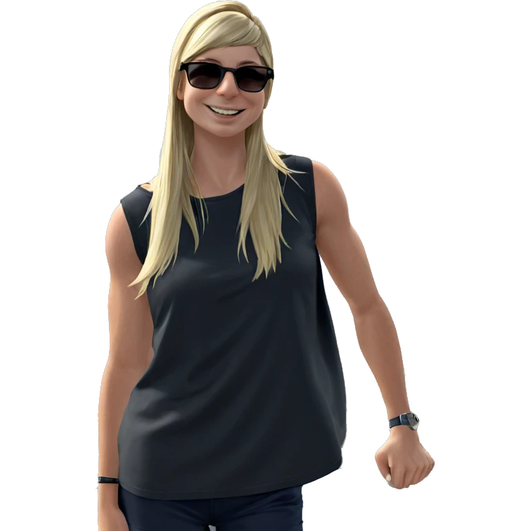 blonde girl smiles by ocean emoji