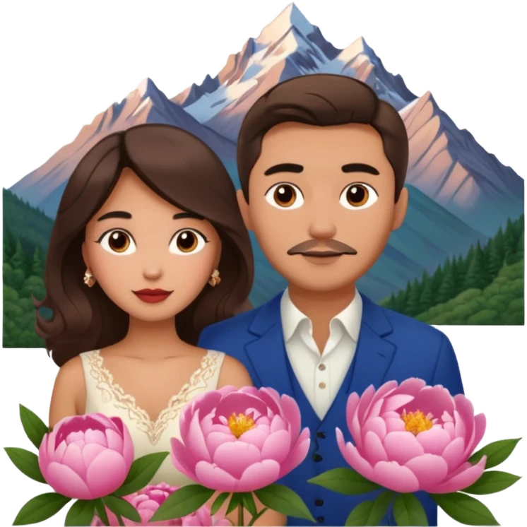 Couple traveling in Montenegro russian man and elegant  Latina girl delicate peonies and mountains in the background  emoji