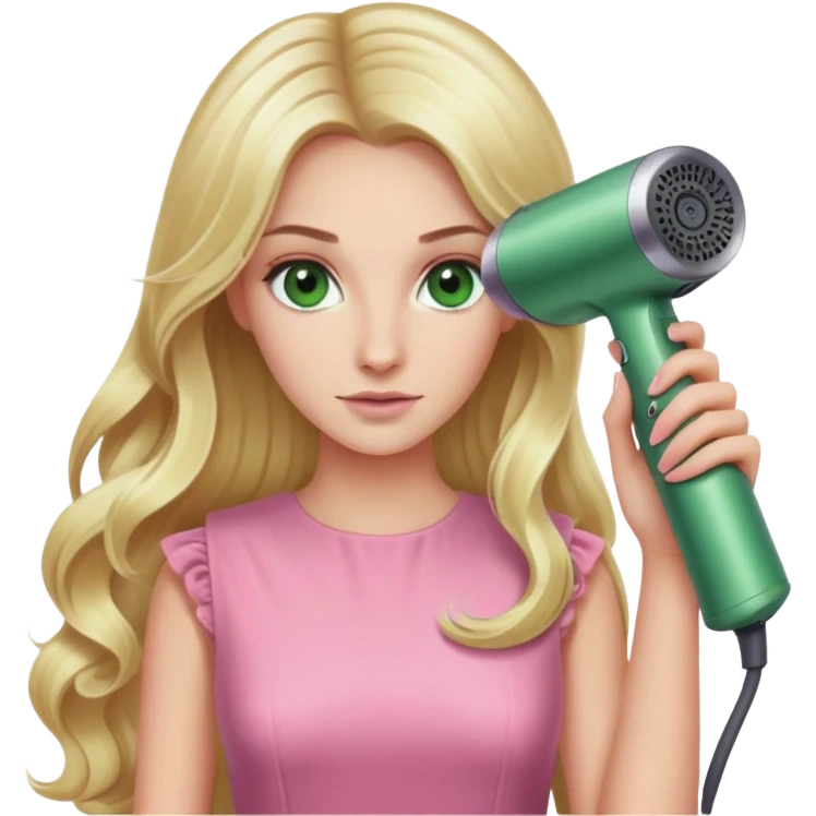 blonde woman, long hair, swamp green eyes, pink dress, Dyson hair dryer in hand emoji
