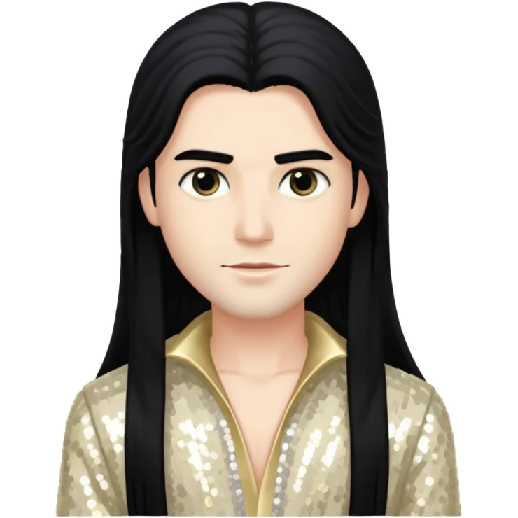 Tom Neuwirth with long black hair, ivory sequin outfit emoji