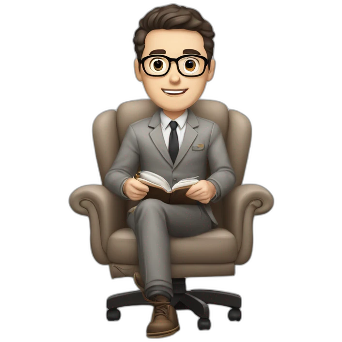 Pale skinned Fit Man With dark brown hair in gray jacket, beige office shirt and vintage glasses sitting In a soft chair with a notebook with emblem Ψ and a pen in his hands emoji