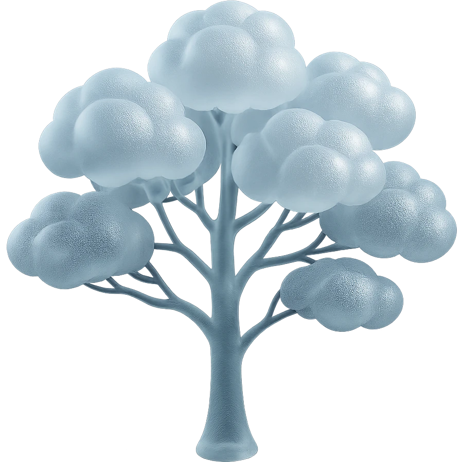one tree with many branches and a white trunk, crown made of small very bright white fluffy convex clouds, matte glass style emoji
