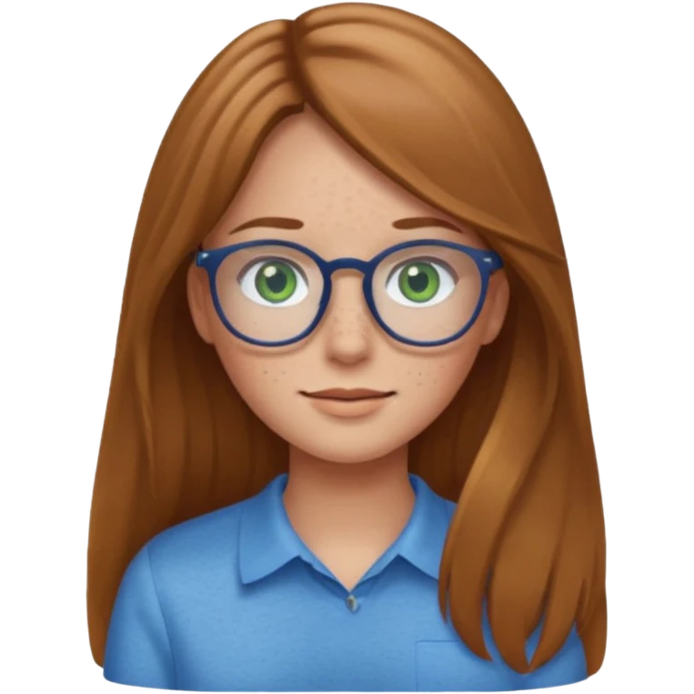 Create an emoji of a girl with light brown hair long length hair, green eyes, freckles, glasses and wearing a blue shirt emoji
