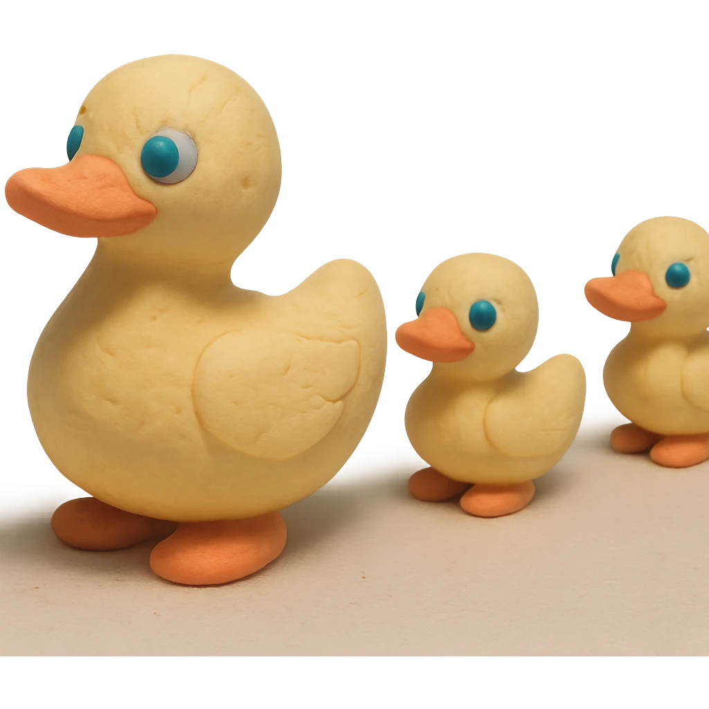 mother duck with ducklings following her, playful and cute, pastel colors, visible fingerprints, claymation style emoji
