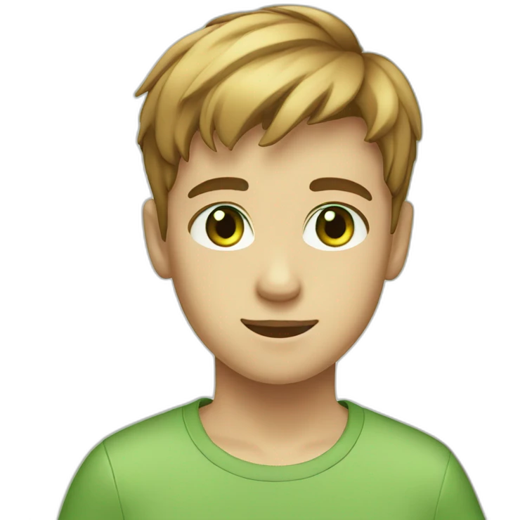 Boy, teenager, bright brown straight short hair, green eyes emoji
