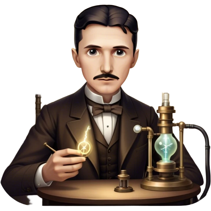 Nikola Tesla – Cinematic Realistic Portrait of Nikola Tesla, depicted as a visionary inventor with intense, thoughtful eyes and period attire, surrounded by subtle arcs of electric light and early laboratory apparatus, rendered with dramatic lighting that evokes mystery and innovation. emoji