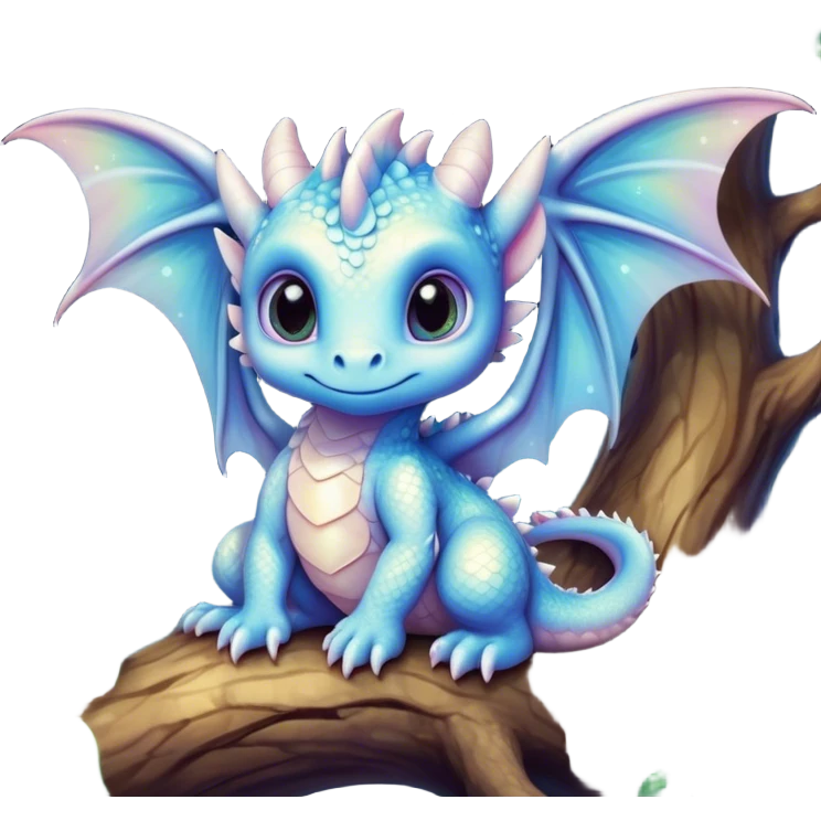Airbrush painted image of an adorable little baby dragon with large glistening eyes sitting beside a tree under a deep galactic sky with pearlescent scales and wings spread against the stars emoji