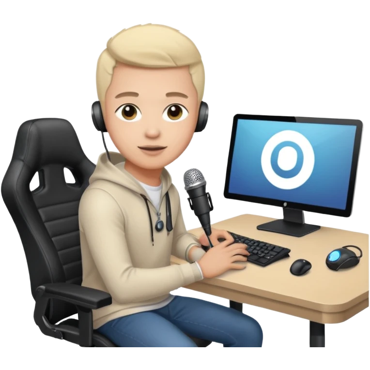 a setup of a youtuber, with a desktop pc on a table, a gaming chair, microphone, ring light emoji