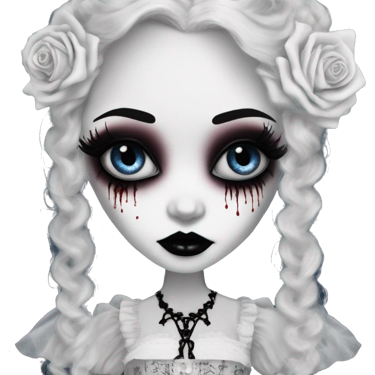 tim burton corpse bride, porcelain doll with a cracked face, goth makeup watery eyes, long hair, lace and ruffles, lolita style, inked, black and white, red roses emoji