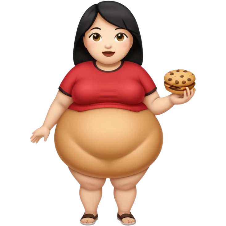 create a humongous asian girl with black hair, with 2 burgers and a cookie in her mouth, she is super obese, please make her a full body emoji, mega huge tummy   emoji