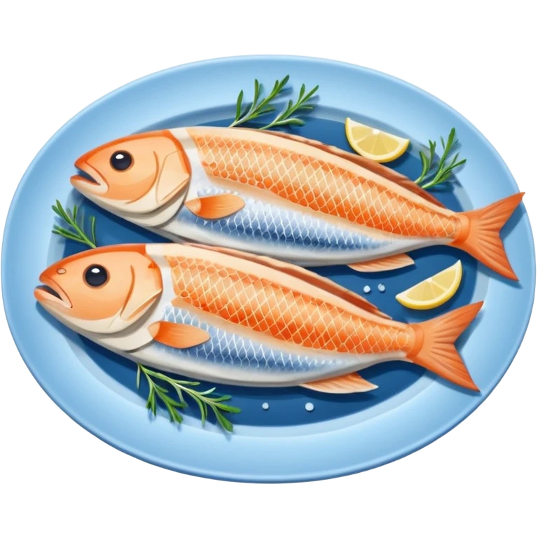 Fish dishes avatar in bright emoji-style illustration. Grilled fish, fillets, and seafood, blue and silver tones, simple shapes, flat design, fresh and flavorful. emoji