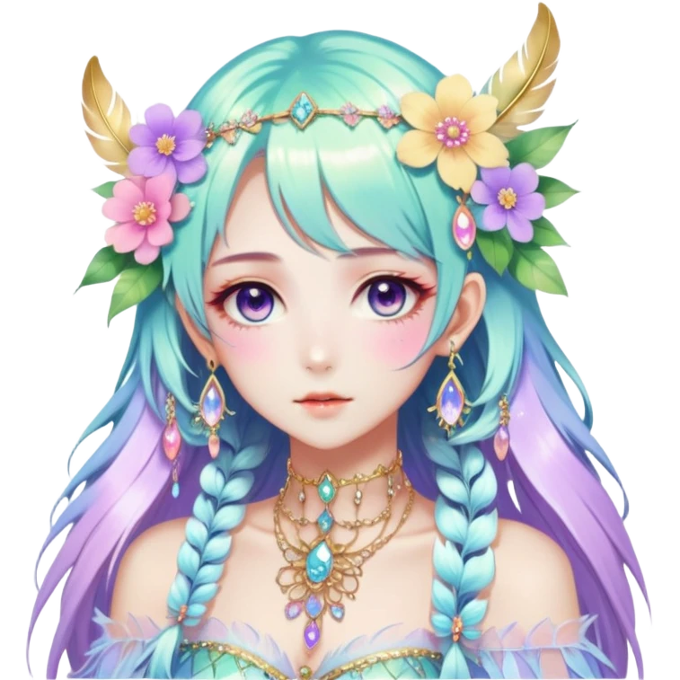 Beautiful gorgeous anime lady with beautiful iridescent-special-hair, fashion aesthetic, ethereal, fairycore, pastelcore, feather, flower, gems, accessories, jewelries, gold, colorful emoji