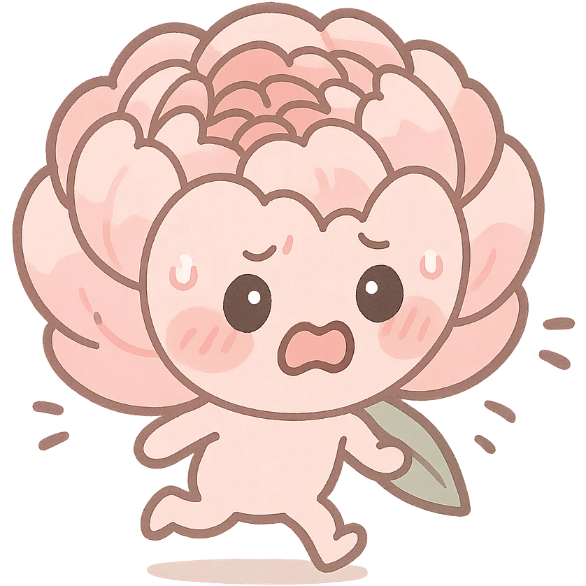 round chibi pastel pink peony flower with blushing cheeks and a panicked expression, rushing with tiny legs, full-body, pastel tones emoji