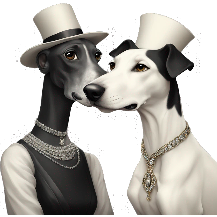 Two aristocrat dog black and white galgo kiss with women  emoji