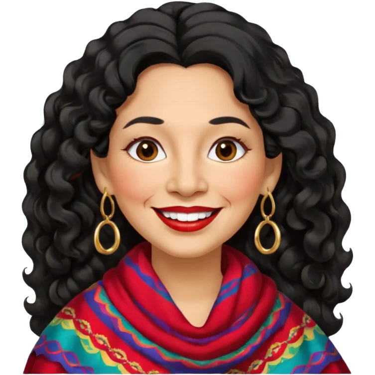 60 yr old peruvian woman, slightly chubby, wavy/curly long black hair, red lipstick, big smile, white teeth, brown eyes, hoop earings, side part to hair, round face emoji