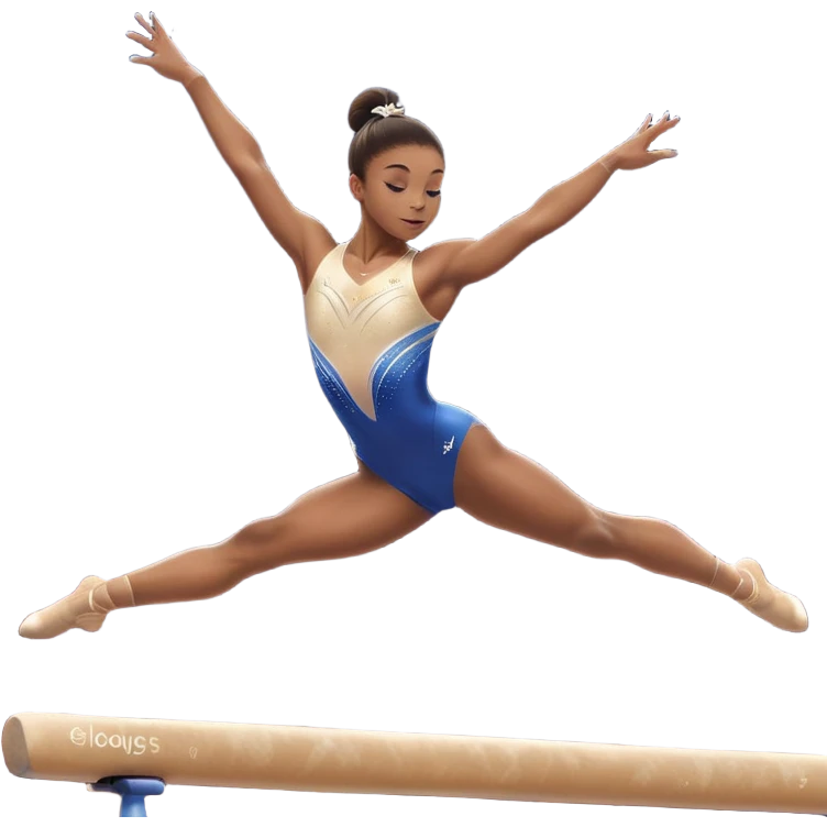 A gymnast performing a flawless routine on the balance beam, showcasing strength and grace. The scene captures the precise, elegant movement with perfect balance and form. The background features a gymnastics arena with vibrant lighting and cheering crowds, emphasizing athleticism and poise. emoji