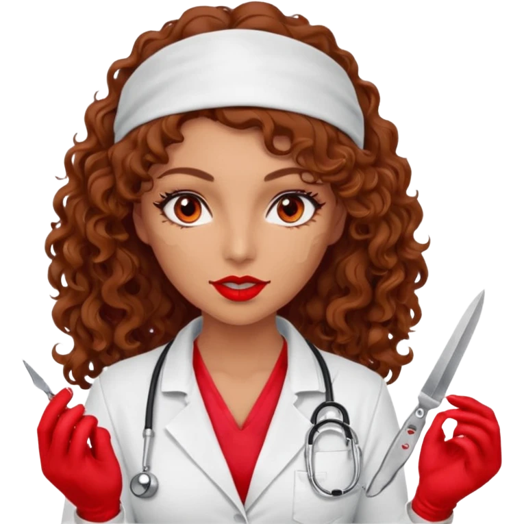 Scary woman scalpel in hand, evil surgeon sexy surgeon clothes.  She has red eyes. Her  brown long curly hair. Wears sexy doctor outfit with red gloves. Only uses red bandanna  to hide her face mouth with red bandana to hide her identity emoji