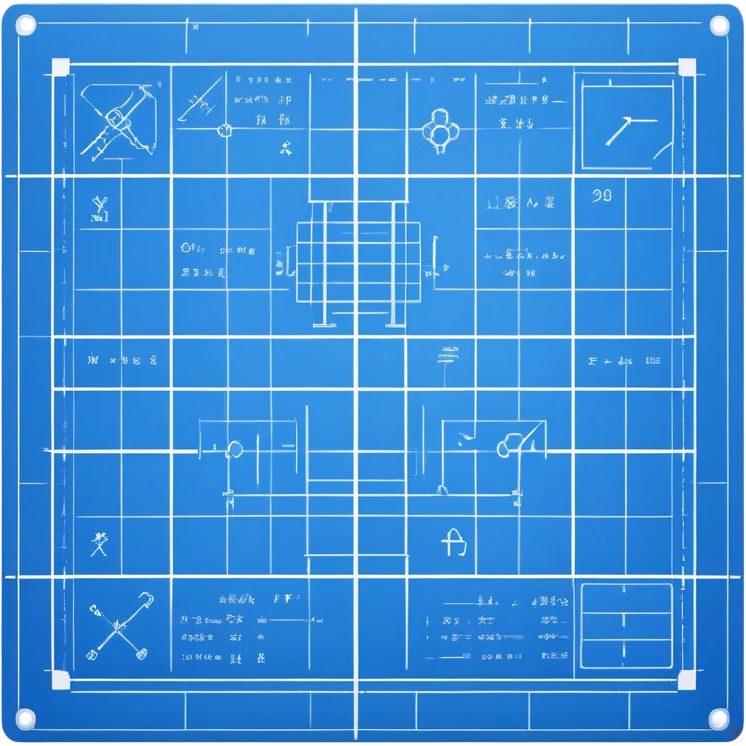 blue blueprint plan with white grid and symbols emoji