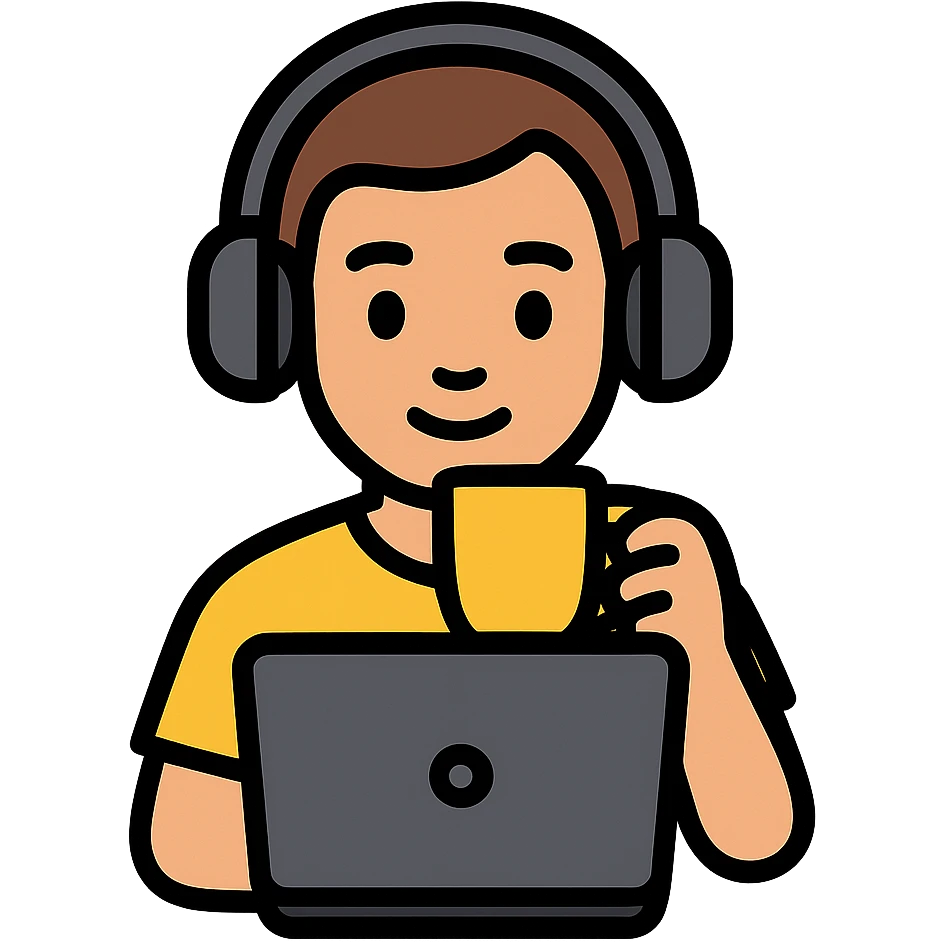 emoji ios 18, guy in headphones at computer, drinking coffee emoji