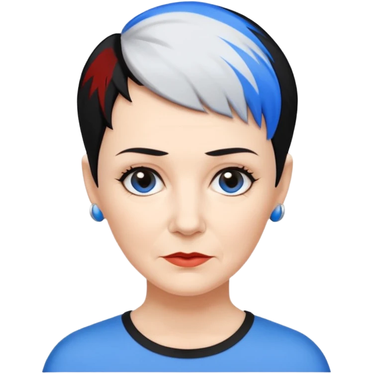 reife frau, kein kind freche extreme schwarze Kurzhaarfrisur eine Seite wirklich fast keine Haare andere Seite mit blauer Strähne kurze Seite noch viel kürzer emoji