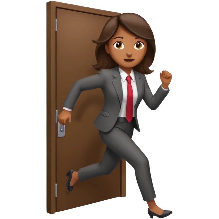 brown skinned female in business attire running out of door emoji