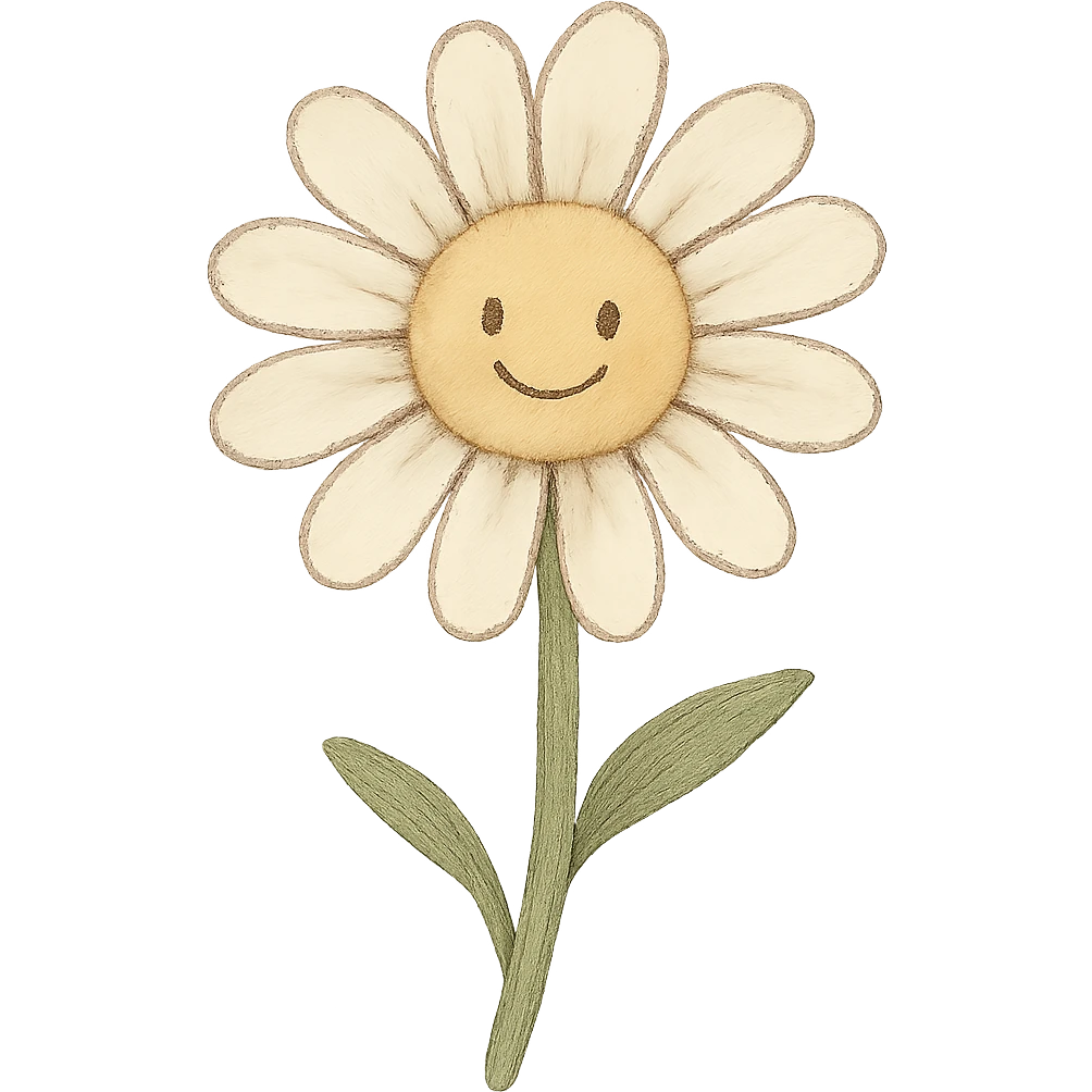 a single white daisy flower, Japanese hand-drawn soft pastel, full object, transparent background, with a gentle smile emoji