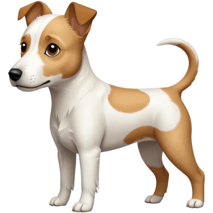 a full body facing front on of a buff white parson russell terrier looking dog the size of a kelpie with light brown long ears and a light brown patch on one eye and a large snout. the rest of the dog is completely white.  emoji