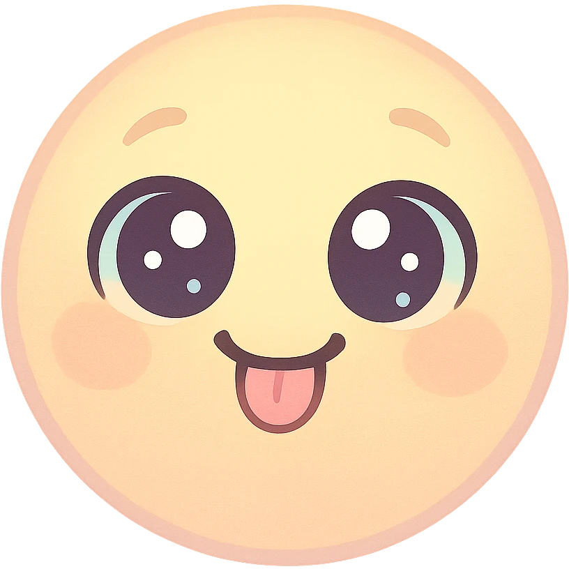cute emoji, round face, big sparkling eyes, tiny tongue sticking out, playful, pastel colors emoji
