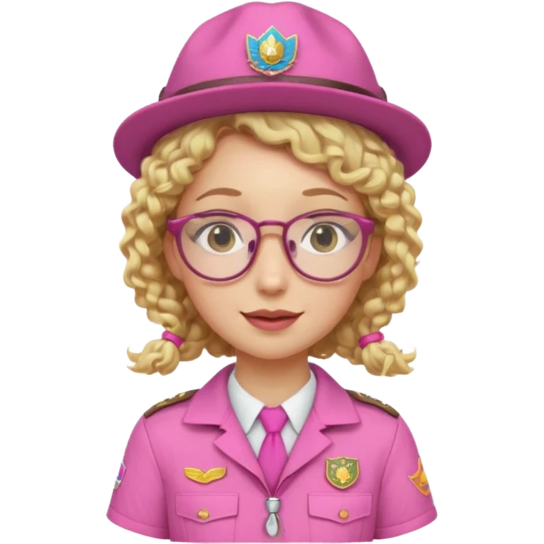 scout girl with pink scout uniform including hat, blonde curly haired and glassess emoji