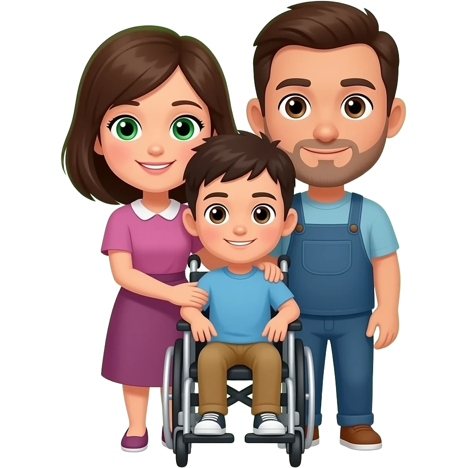 "Emoji WhatsApp minimalista: chico 15, piel blanca, pelo corto oscuro, ojos marrón, en silla de ruedas; mamá (ojos verdes, aura verde) y papá (ojos marrón, aura marrón, pelo corto, leve calvicie, barba mixta) a ambos lados, abrazándolo; líneas simples, colores planos, fondo transparente." emoji