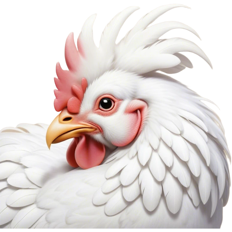 Meme-Worthy Cute Sleeping White Rooster Portrait Emoji, Head resting peacefully with a contented smile, showcasing a robust build and a luxuriously soft pure white plumage, eyes shut in a serene, restful nap, Simplified yet hilariously adorable features, highly detailed, glowing with a soft, drowsy light, high shine, relaxed and utterly lovable, stylized with an air of playful laziness, bright and heartwarming, soft glowing outline, capturing the essence of a comically sleepy rooster, so meme-worthy it feels like it could instantly become the next viral sensation of adorable slumber! emoji