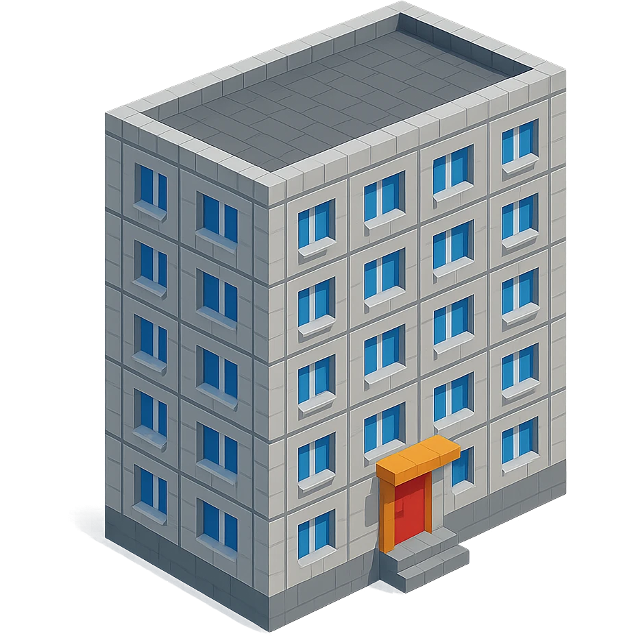 voxel style Russian panel apartment building, typical Soviet architecture, gray concrete, isometric view emoji