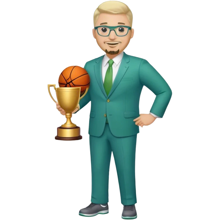 Full Body white male plus size wearing glasses with a goatee with light blonde and gray very short hair happy basketball head Coach in blue and green suit holding trophy emoji