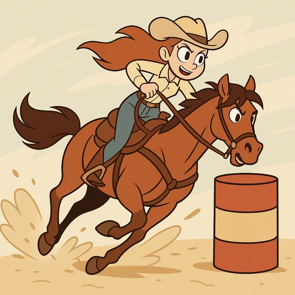 a girl barrel racing on a horse, western cartoon style, dynamic action emoji