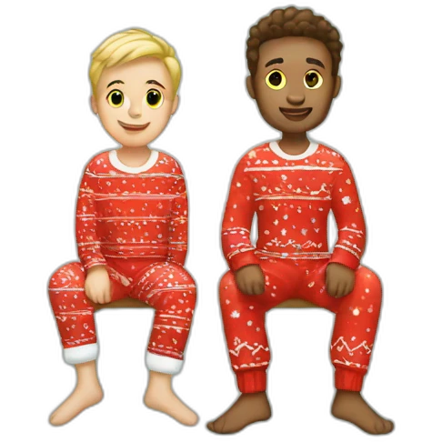 white gay couple sitting in christmas pajamas emoji