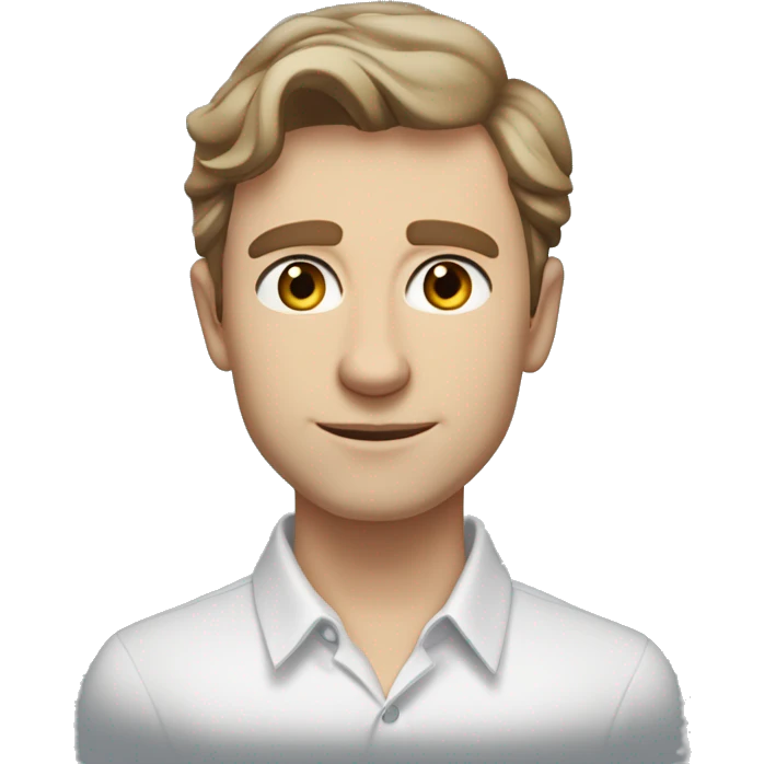 Igor Vihorkov (Light-brown wavy hair, side-swept. Oval face, fair skin, neutral look. Blue-gray eyes, arched eyebrows. Loose white shirt, top buttons undone) emoji
