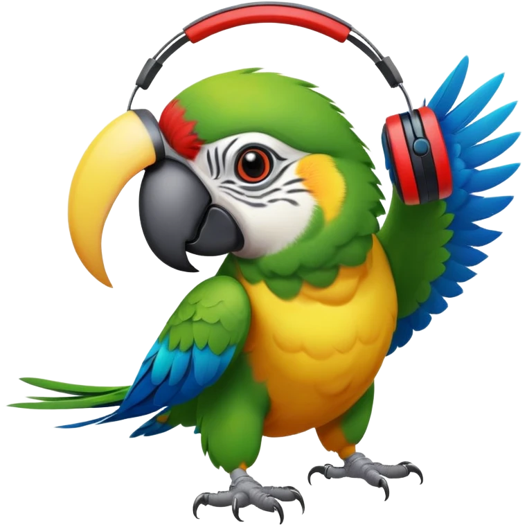 A parrot with its eyes turned upside down with a headset that dances in rhythm as if it were crazy emoji