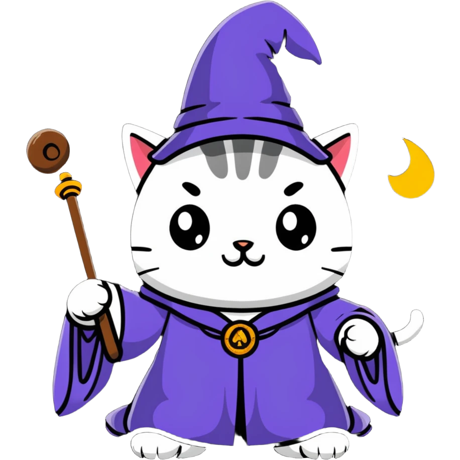 A cat wizard casting a spell with magical staff and flowing robes emoji
