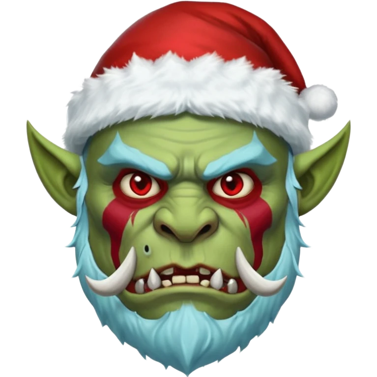 Fantasy orc portrait emoji, Santa Claus hat adapted for orc head with tusks, icy blue and deep red frost war paint on face, brutal winter warrior mood, strong facial features, minimal tribal design, clean high readability emoji style, male/female variant
 emoji