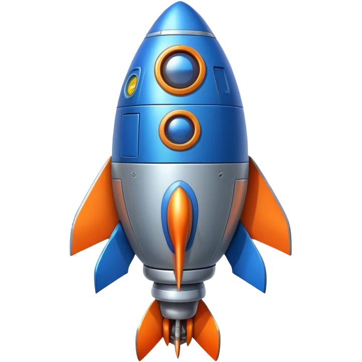 Spaceship with a large rounded belly in the middle, rocket boosters, personified with a happy face emoji
