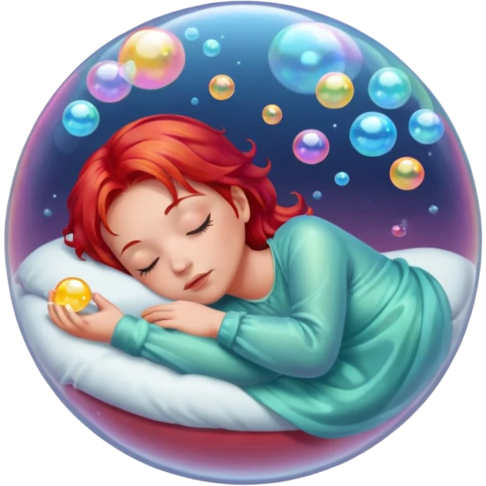 soap bubble with sleeing woman inside red hair emoji