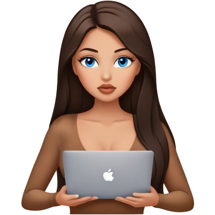 Glamours tanned very beautiful girl with big pump peach lips and dark chocolate straight smooth long hair, blue eyes in brown/beige bodysuit with MacBook emoji