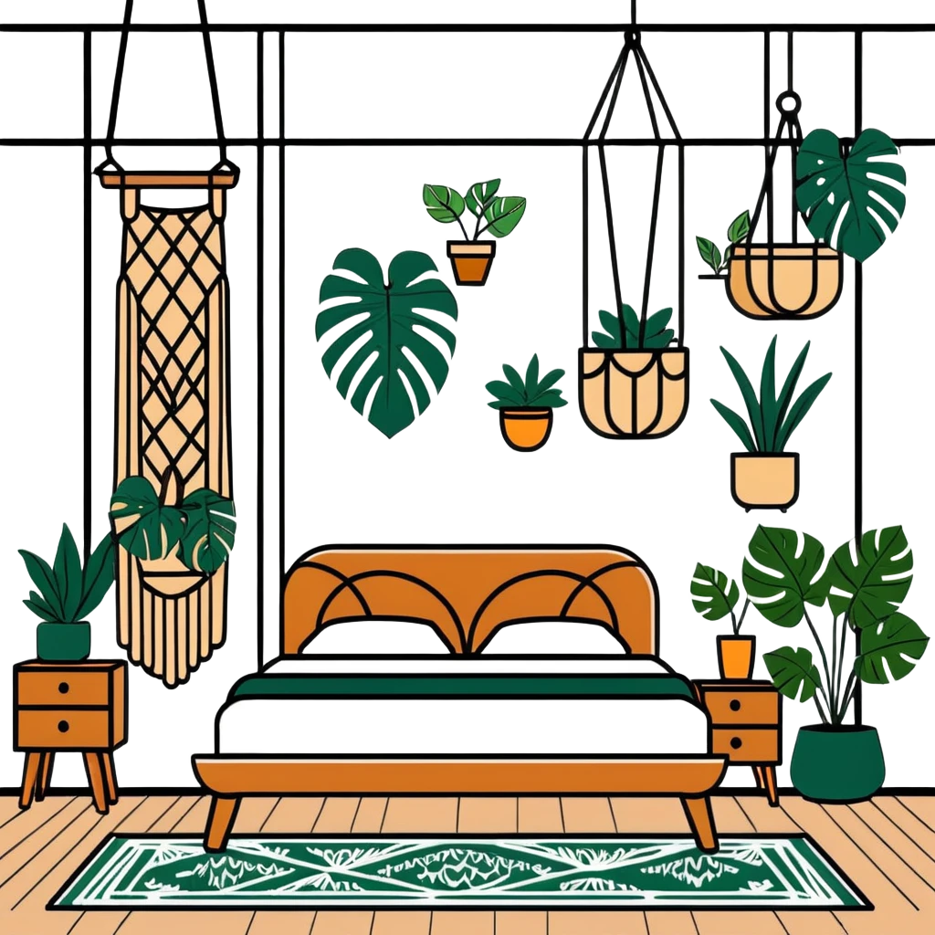 modern bohemian bedroom with monstera plants, hanging planters, macrame wall art, and wooden furniture emoji
