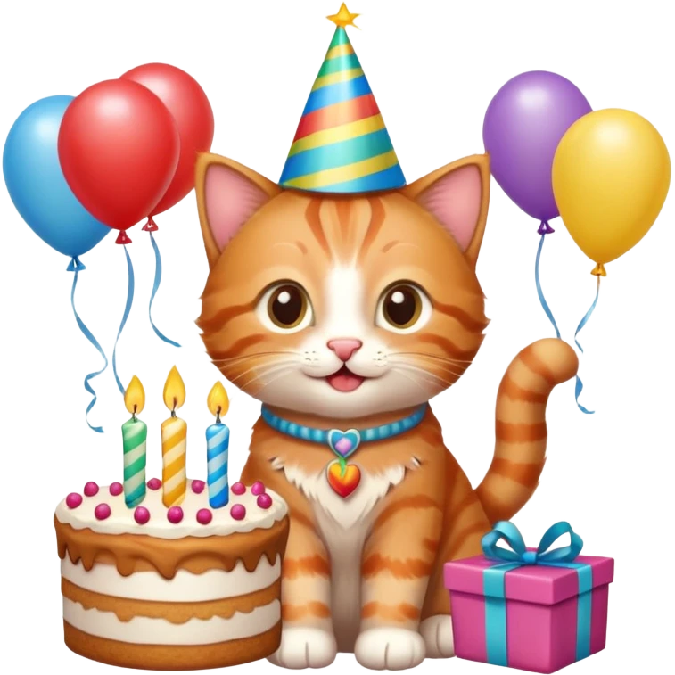 Ginger tabby kitten celebrates birthday, birthday hat, birthday cake, one candle, balloons, happy, gifts emoji